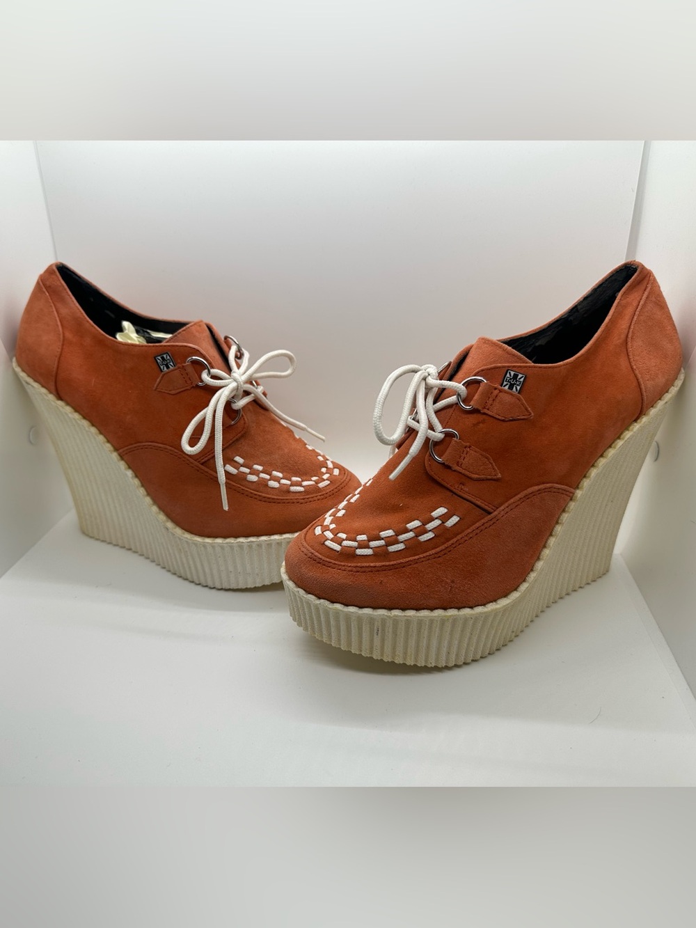 T.U.K Rust Suede Platform Lace-Up Wedges with White Stitching